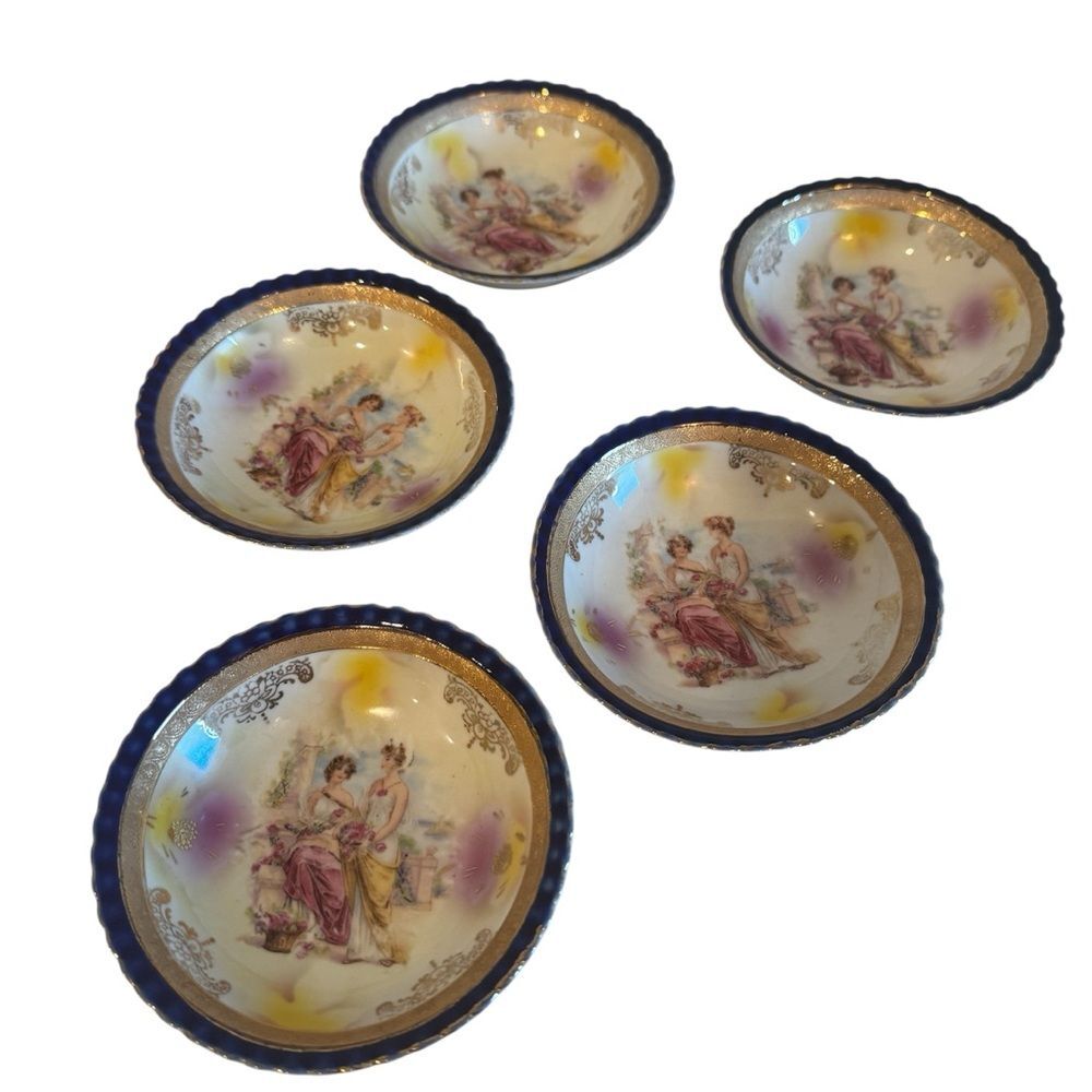 Germany Porcelain Pair Of 5 Blue And Gold Gilt Plates Grecian Small 5" in Size
